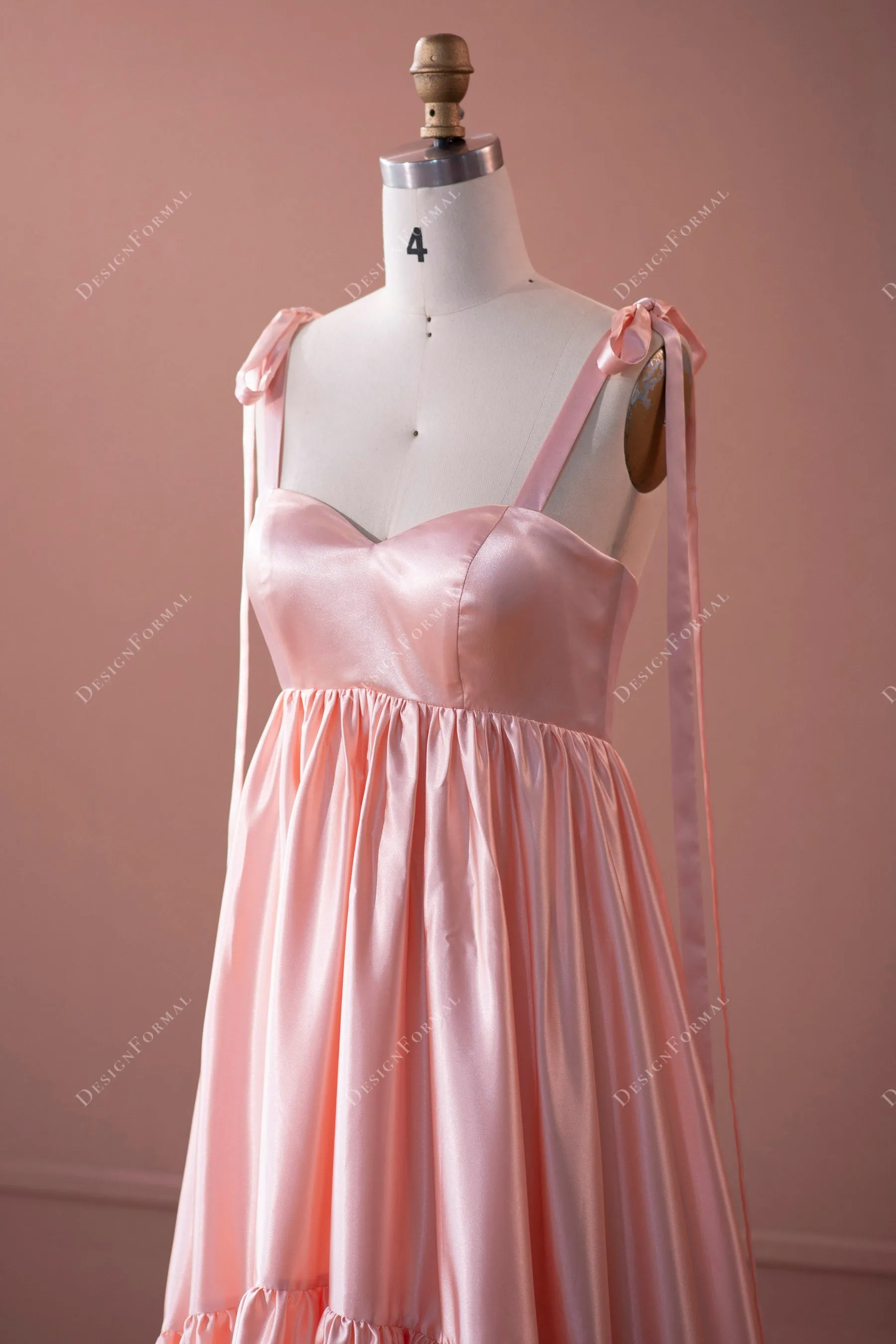 Blushing Pink Straps Long Train Empire Simple Charmeuse Formal Dress