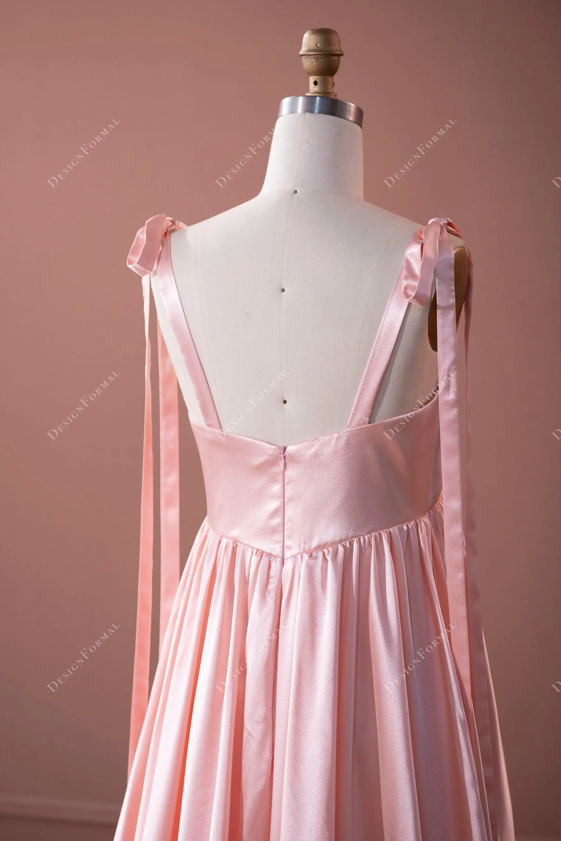 Blushing Pink Straps Long Train Empire Simple Charmeuse Formal Dress