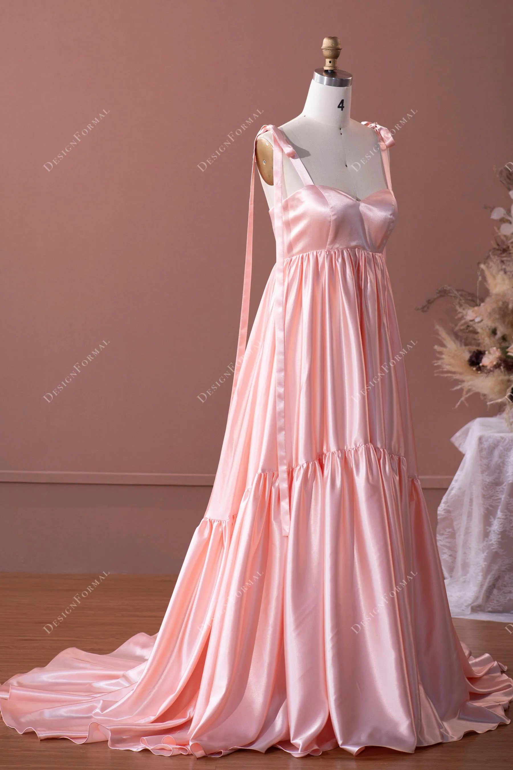 Blushing Pink Straps Long Train Empire Simple Charmeuse Formal Dress