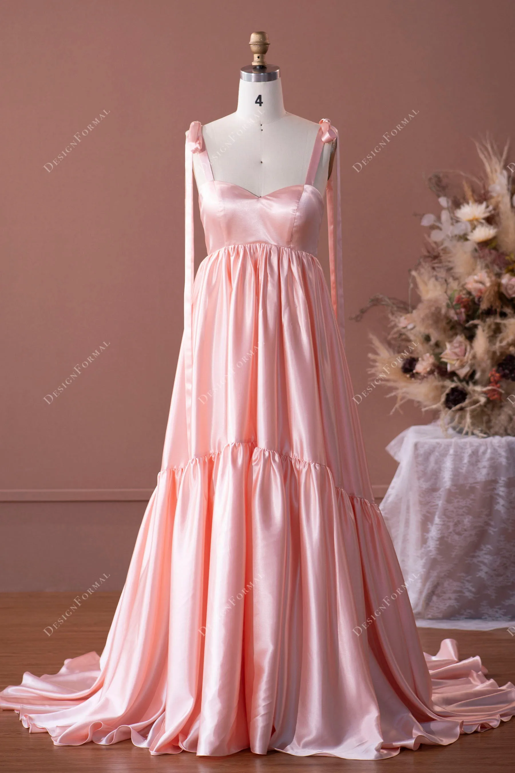 Blushing Pink Straps Long Train Empire Simple Charmeuse Formal Dress