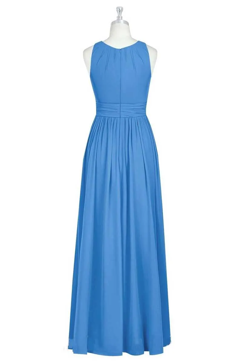 Brami Blue Chiffon Sleeveless Long Bridesmaid Dress