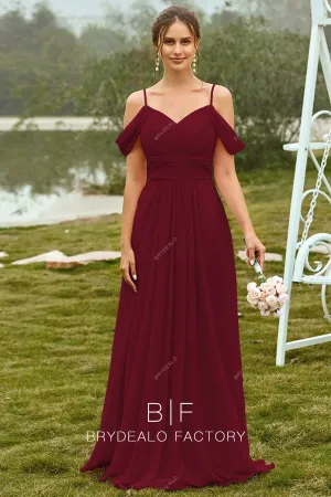 Burgundy Chiffon Cold Shoulder A-Line Long Modest Dress