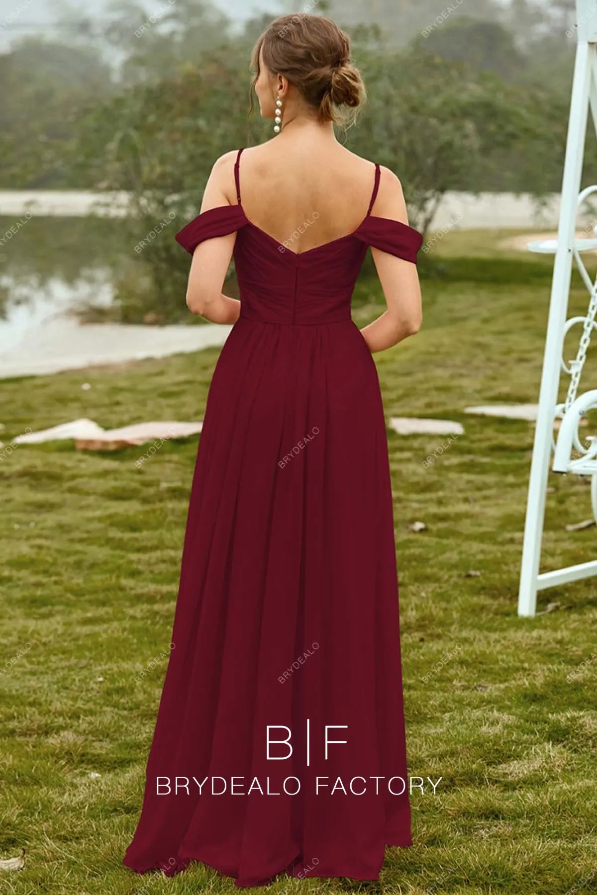 Burgundy Chiffon Cold Shoulder A-Line Long Modest Dress