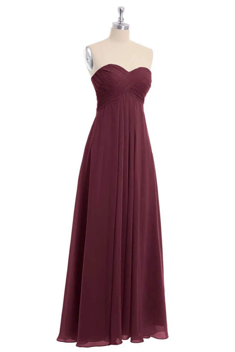 Burgundy Chiffon Strapless Sweetheart A-Line Long Bridesmaid Dress