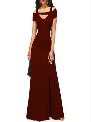 Burgundy Mermaid Off Shoulder Side-Slit Long Bridesmaid Dresses, SFWG00417