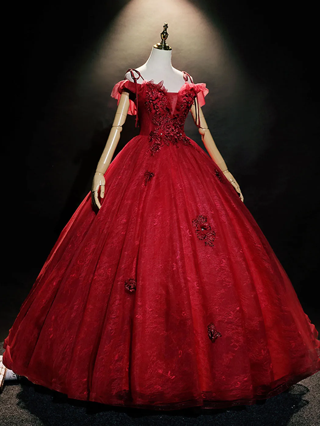 Burgundy Off Shoulder Tulle Lace Long Prom Dress, Burgundy Lace Sweet 16 Dress