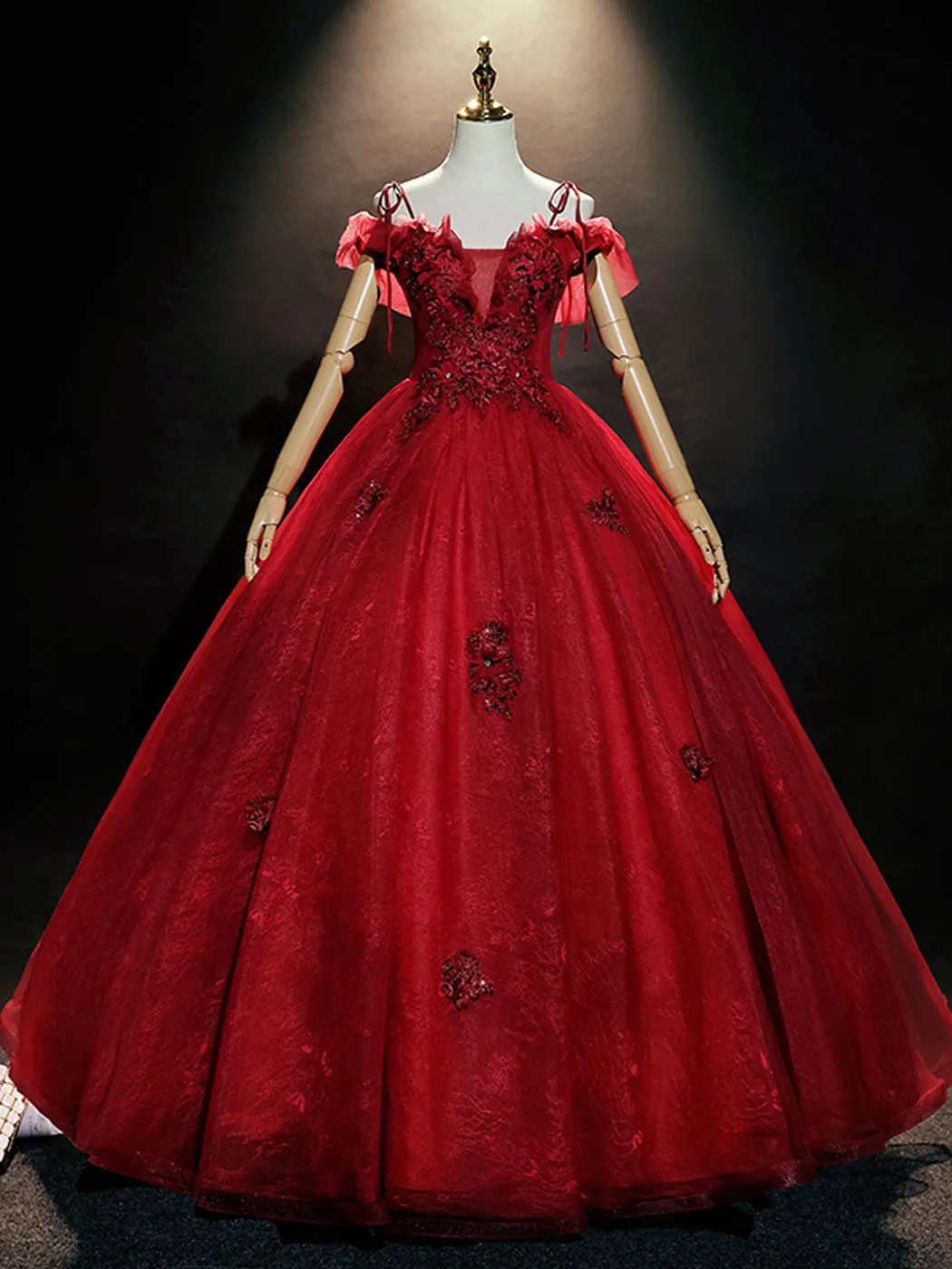 Burgundy Off Shoulder Tulle Lace Long Prom Dress, Burgundy Lace Sweet 16 Dress