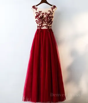 Burgundy round neck tulle lace long prom dress bridesmaid dress