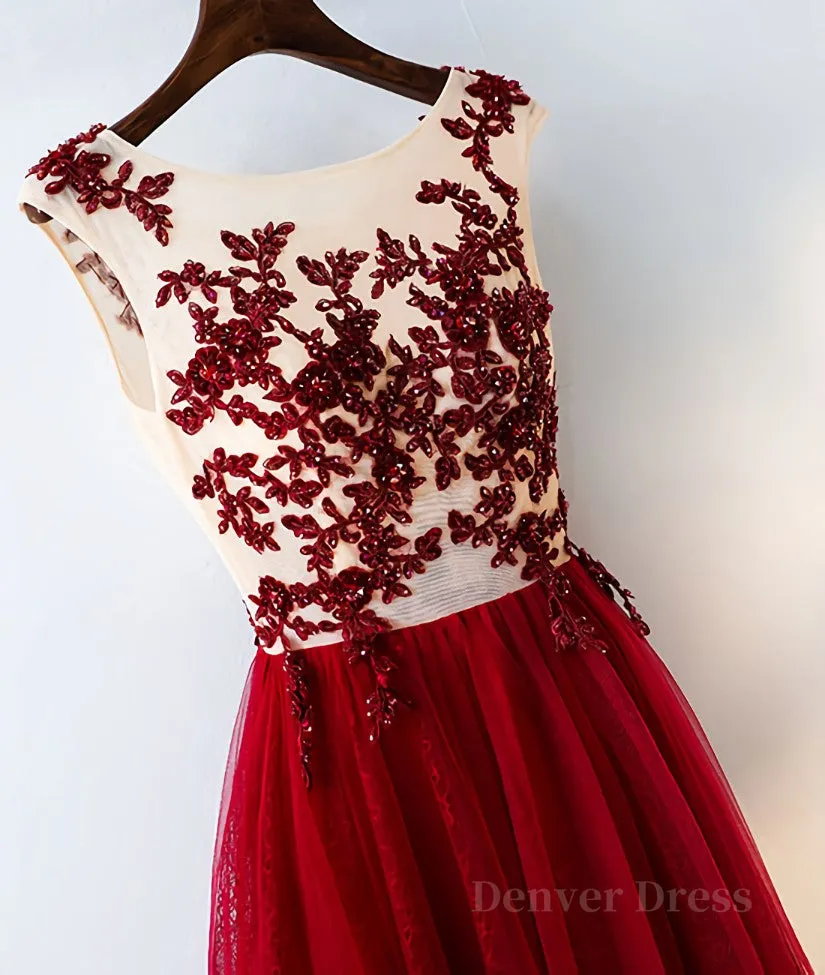 Burgundy round neck tulle lace long prom dress bridesmaid dress