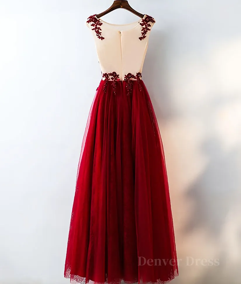 Burgundy round neck tulle lace long prom dress bridesmaid dress