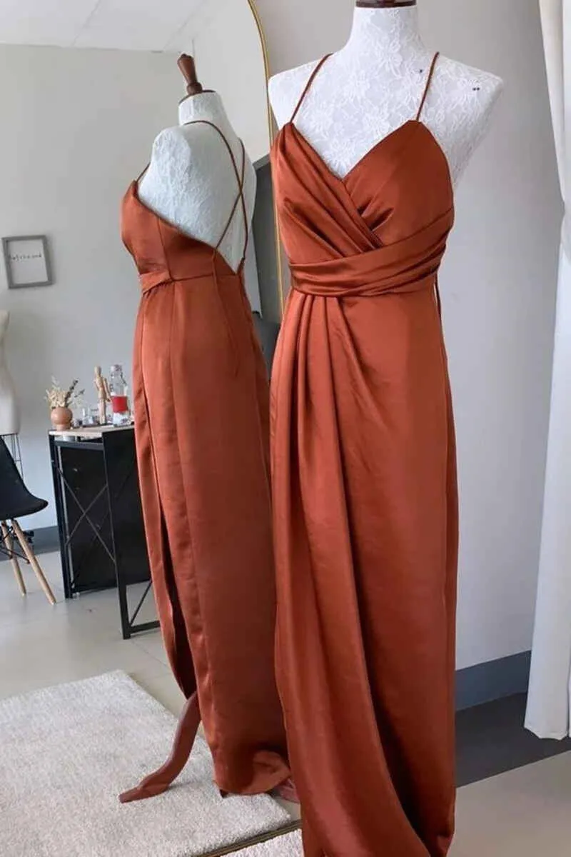 Burnt Orange Backless Long Bridesmaid Dress with Slit