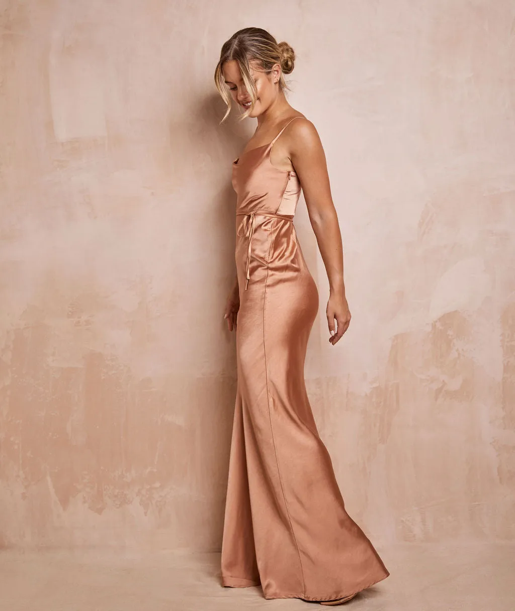 Cami Cowl Front Satin Bridesmaid Dress - Burnt Peach