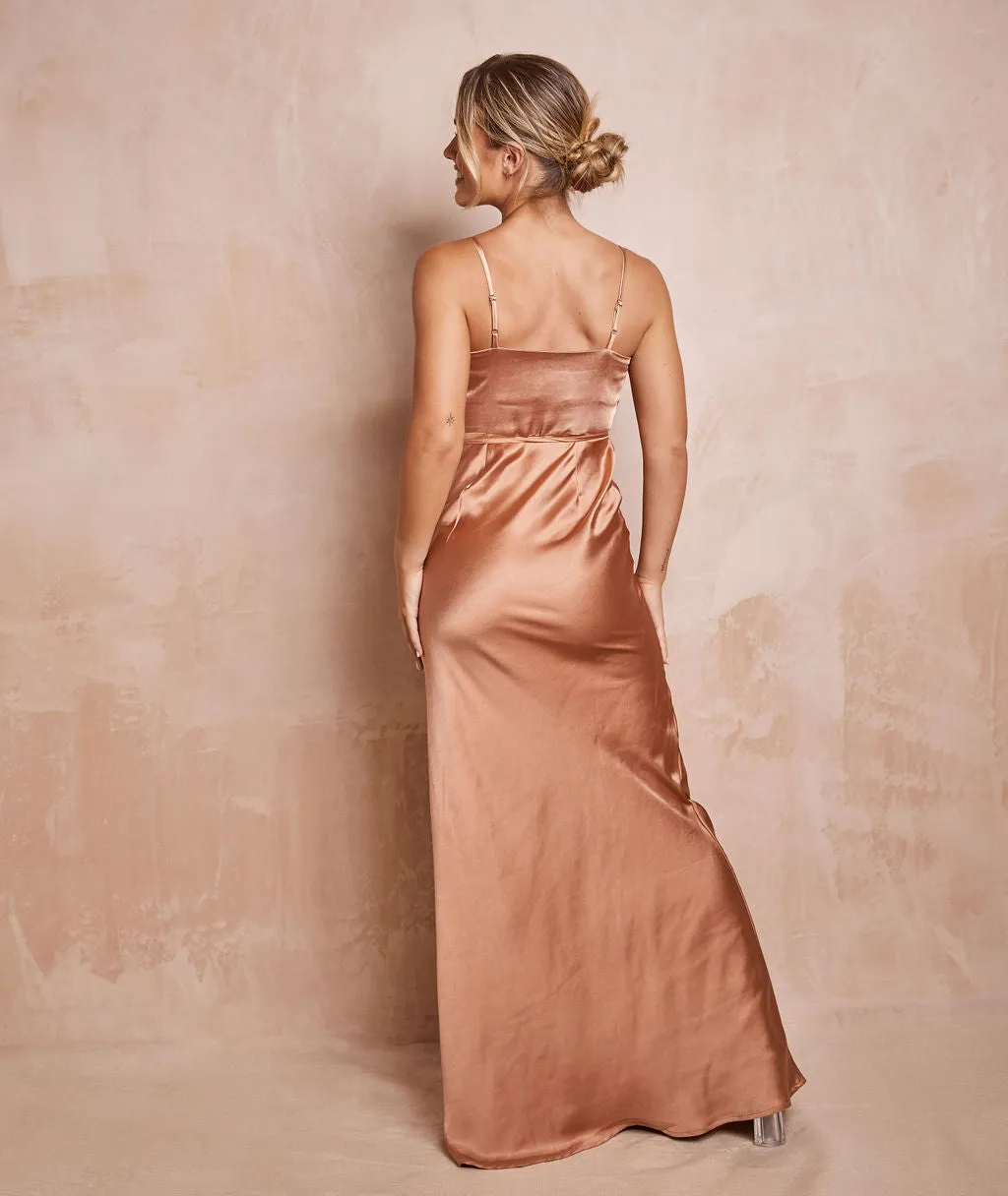 Cami Cowl Front Satin Bridesmaid Dress - Burnt Peach