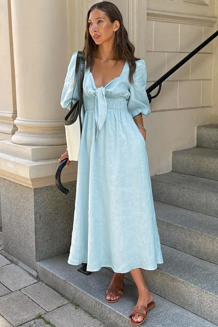 Casual Tie Front Puff Sleeve Cotton Linen Beach Vacation Midi Dress - Sky Blue