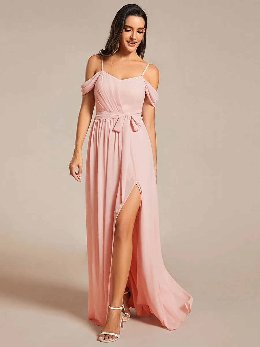 Chiffon Cold Shoulder Bowknot Bridesmaid Dress With Side Split