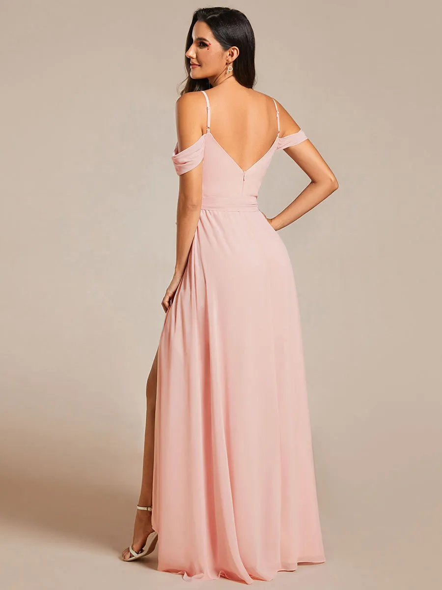 Chiffon Cold Shoulder Bowknot Bridesmaid Dress With Side Split