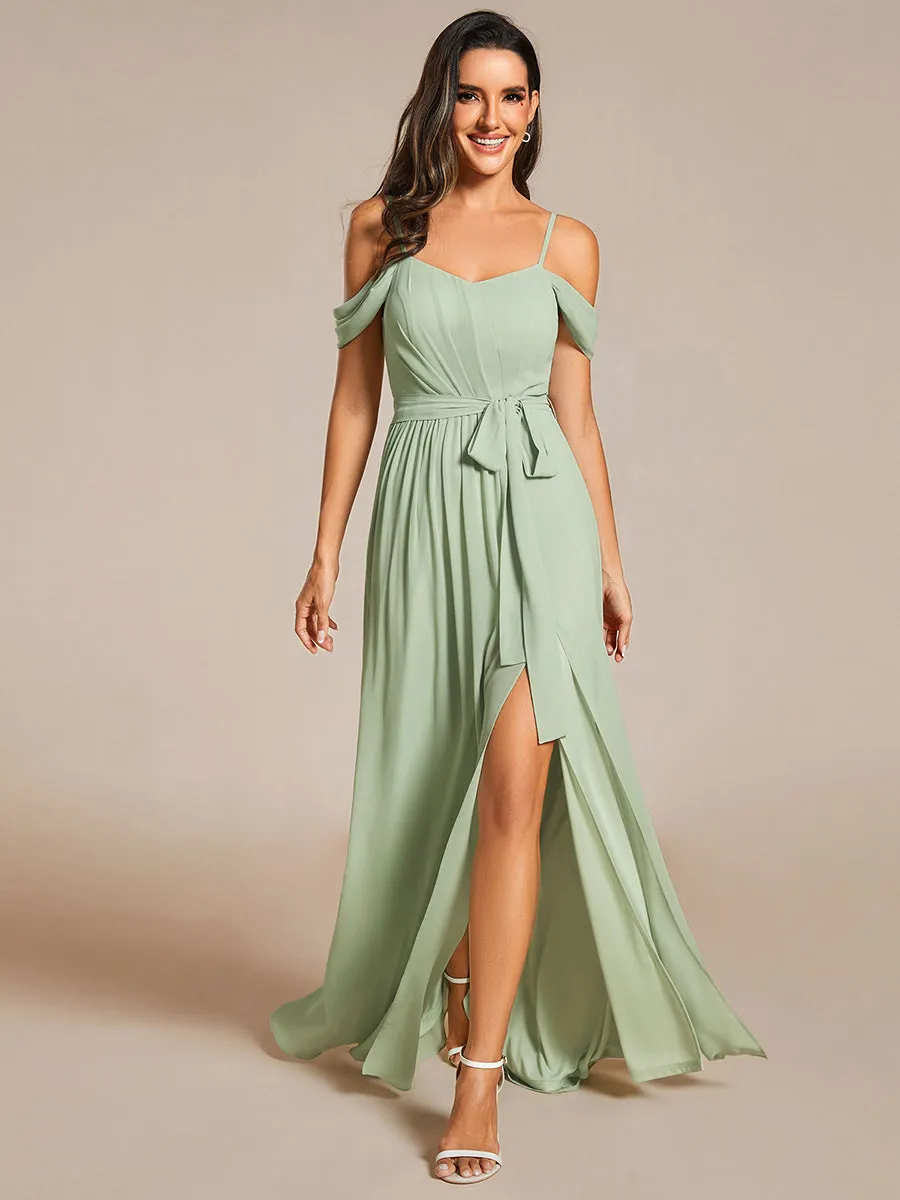 Chiffon Cold Shoulder Bowknot Bridesmaid Dress With Side Split