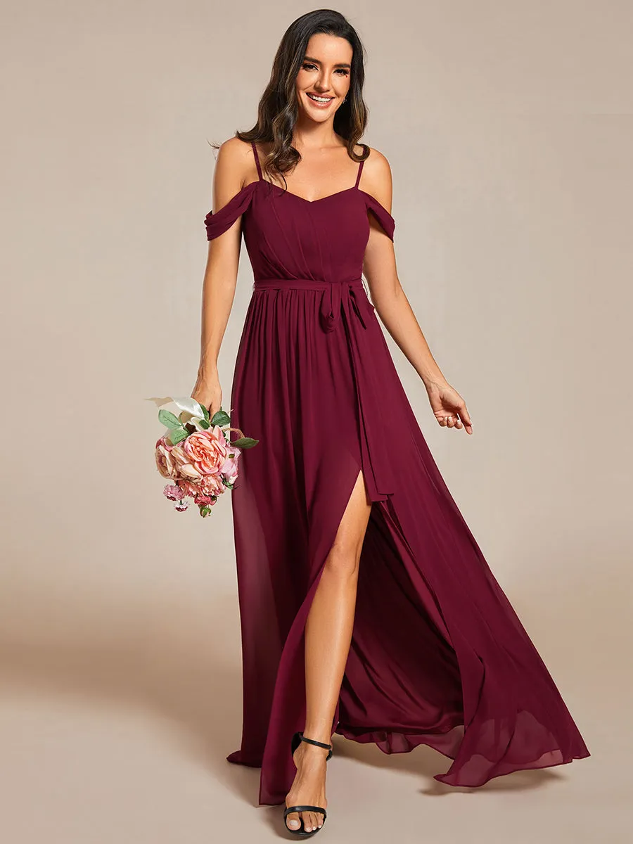 Chiffon Cold Shoulder Bowknot Bridesmaid Dress With Side Split