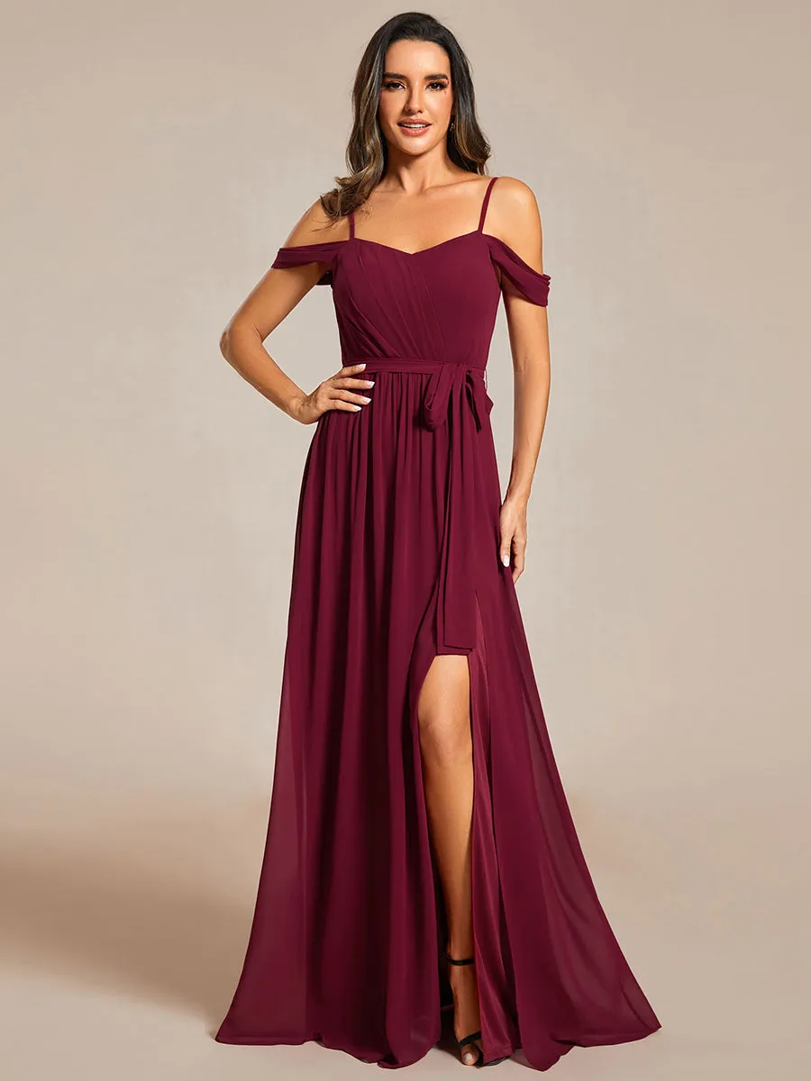 Chiffon Cold Shoulder Bowknot Bridesmaid Dress With Side Split