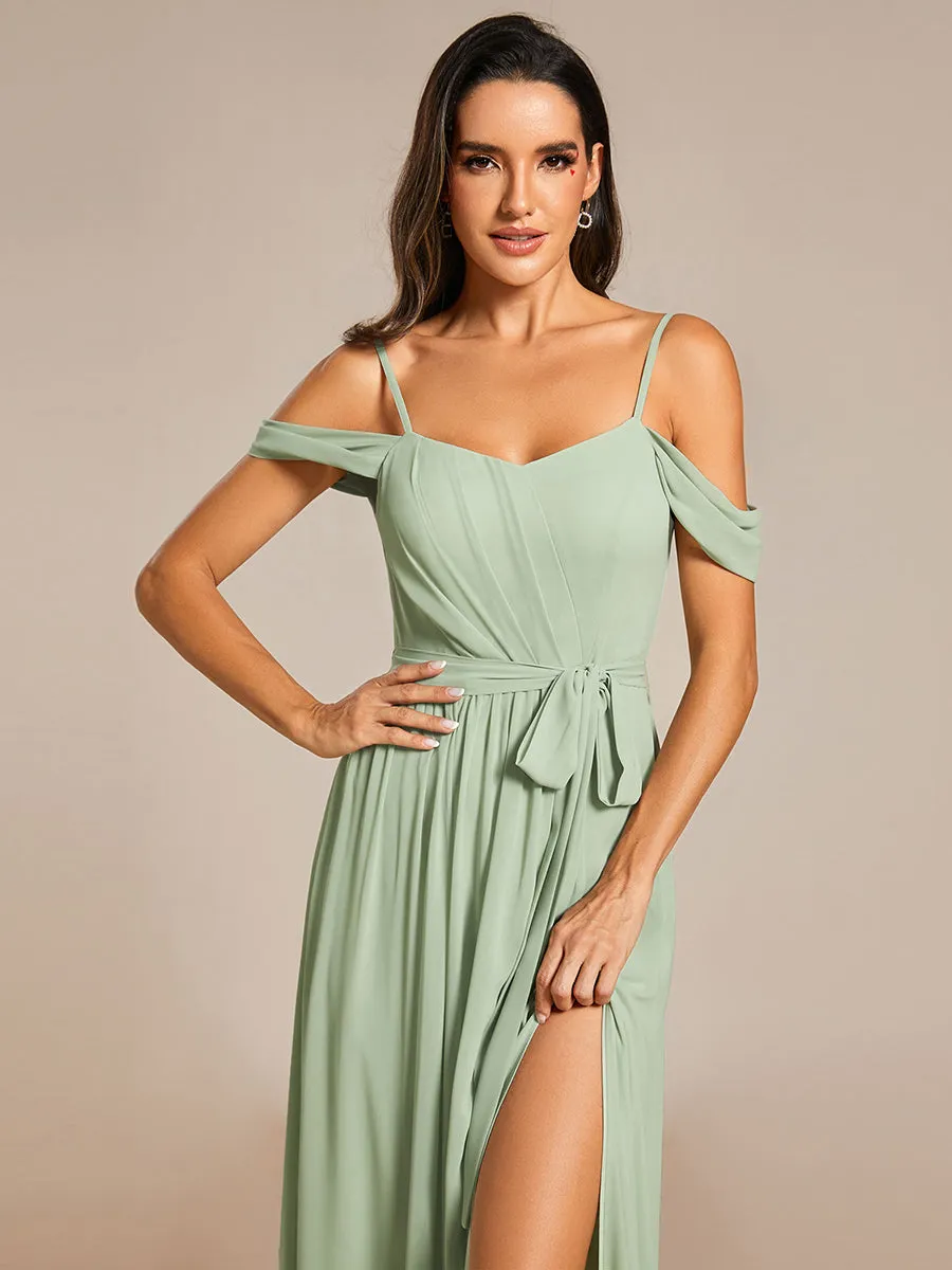 Chiffon Cold Shoulder Bowknot Bridesmaid Dress With Side Split