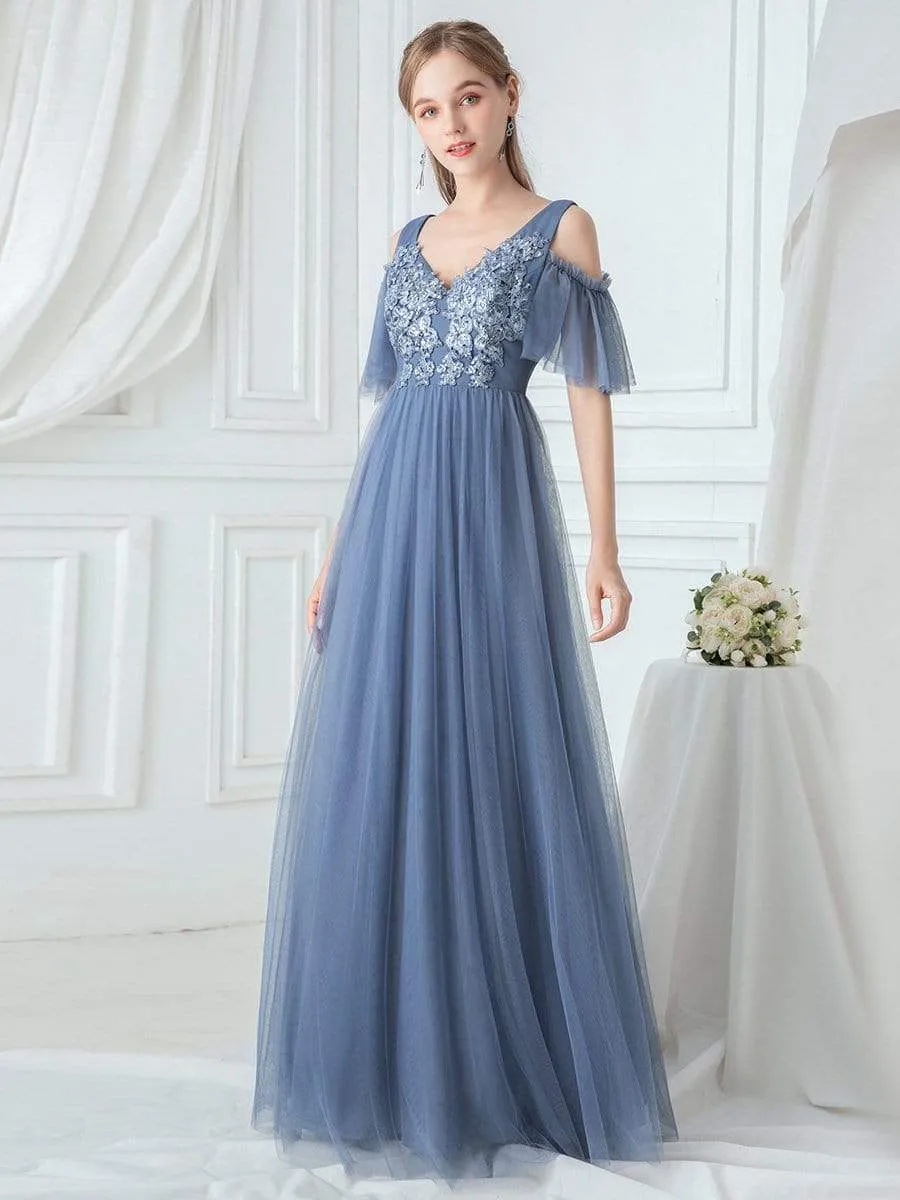 Cold Shoulder Maxi Long Applique Bridesmaid Dress with Ruffle Sleeves