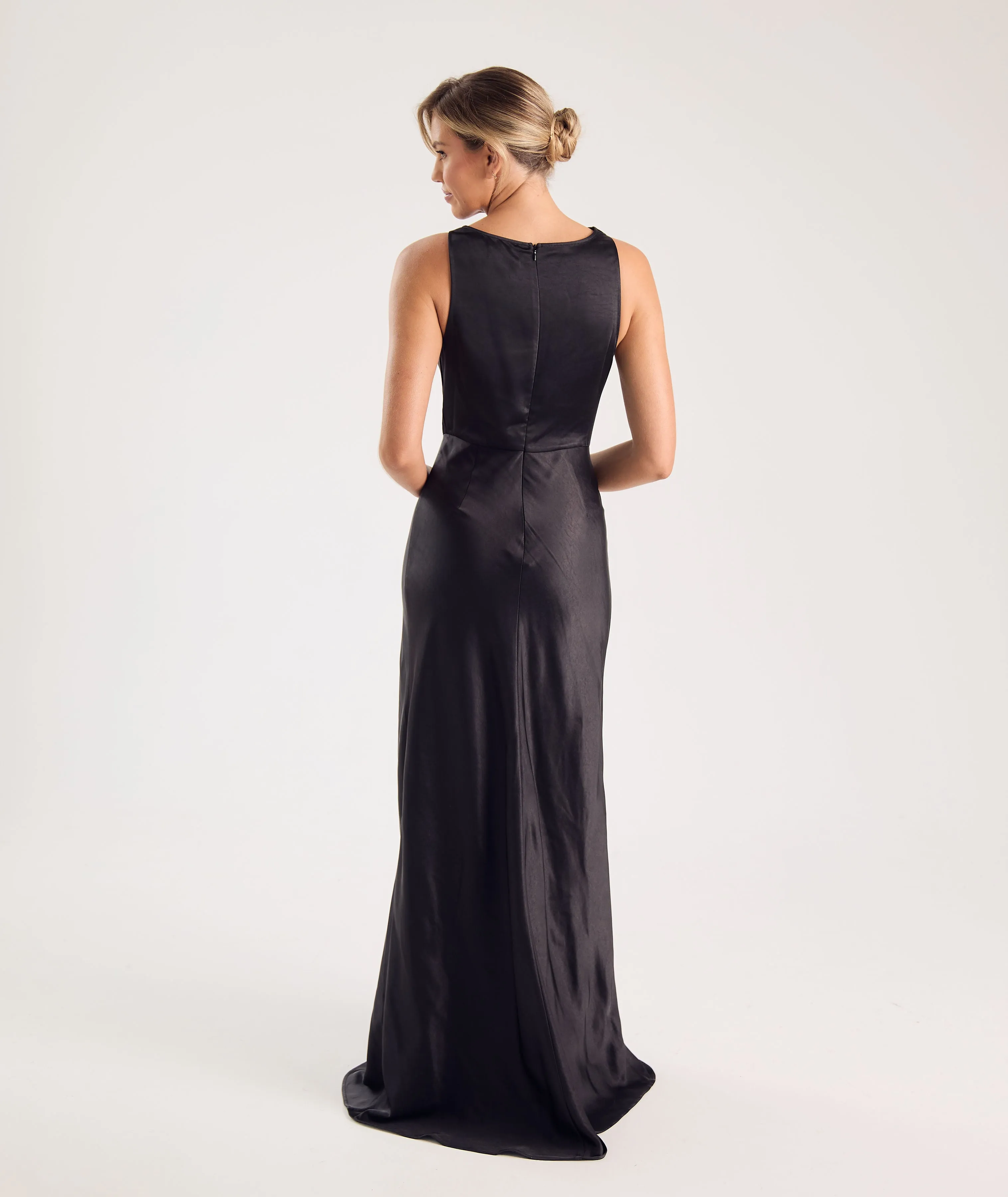 Cowl Front Satin Bridesmaid Dress - Black