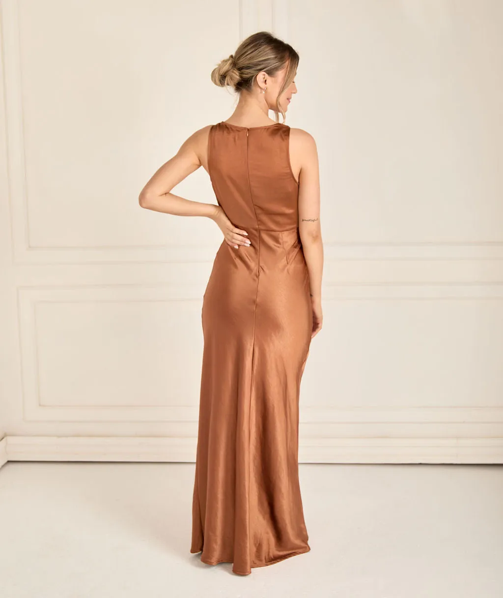 Cowl Front Satin Bridesmaid Dress - Rust