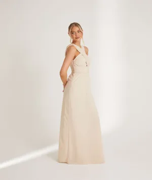 Cross Neck Pleated Waist Chiffon Bridesmaid Dress - Vintage Cream