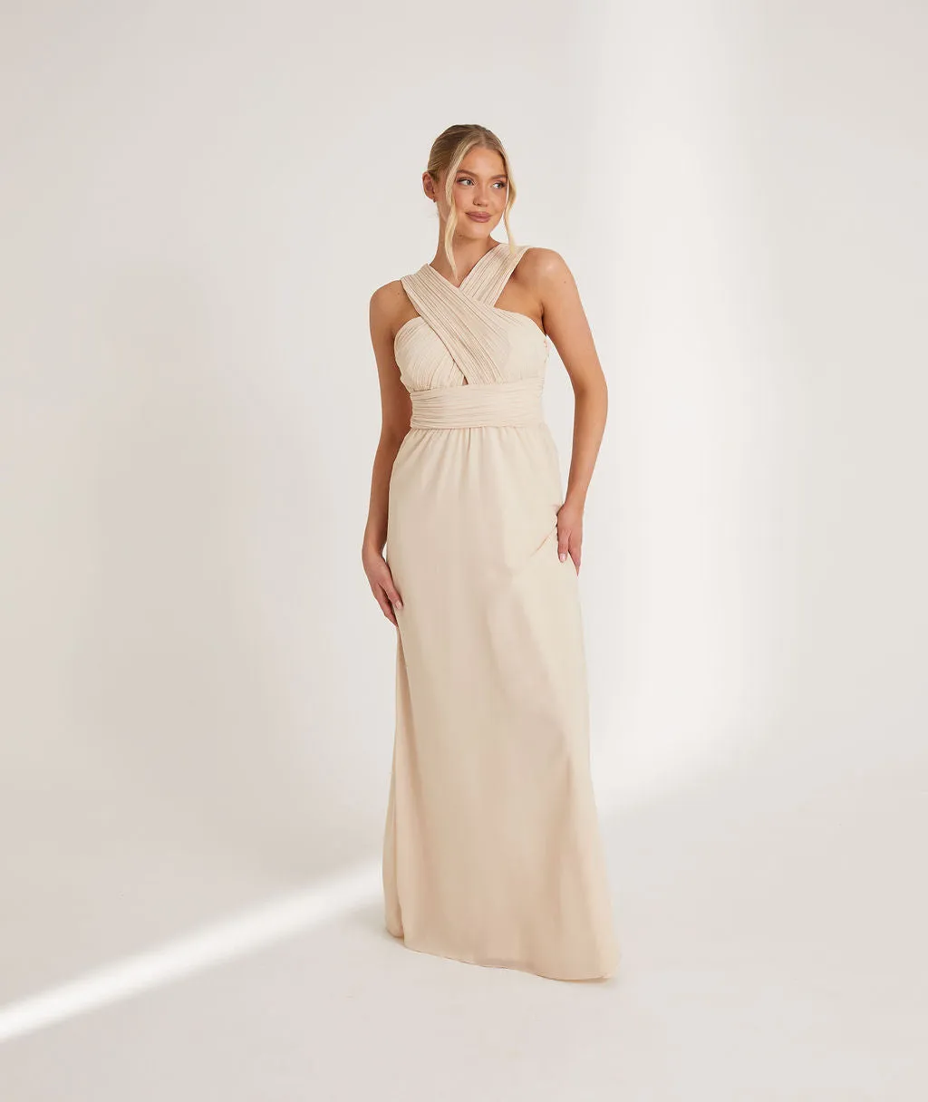 Cross Neck Pleated Waist Chiffon Bridesmaid Dress - Vintage Cream