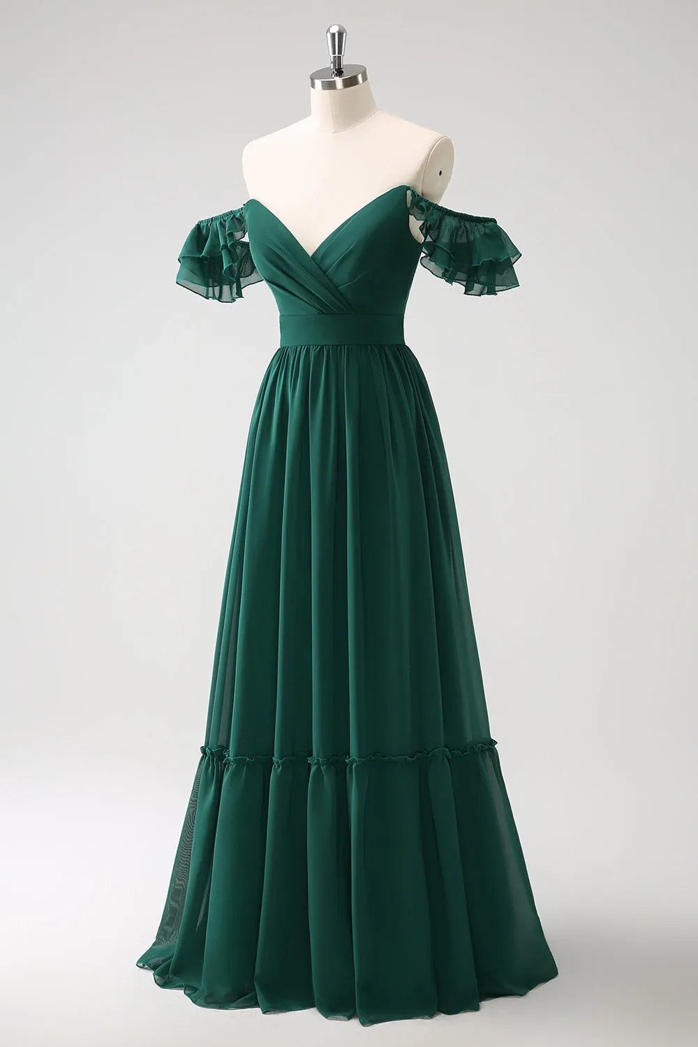 Dark Green A Line V Neck Chiffon Long Bridesmaid Dress