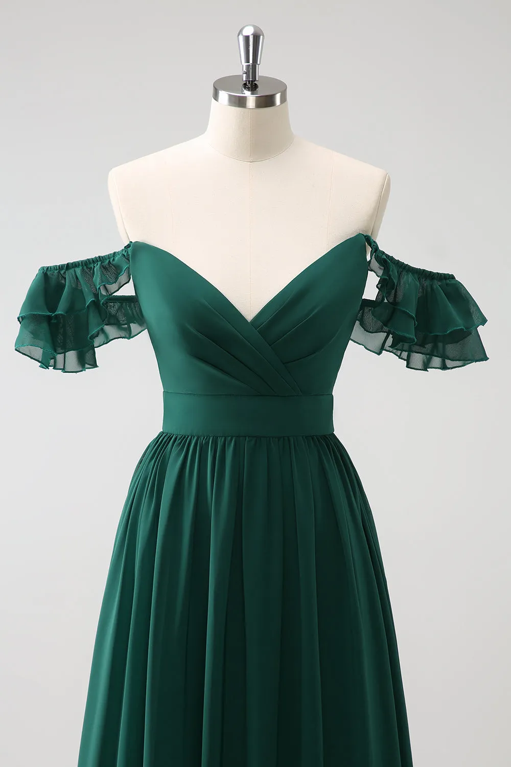 Dark Green A Line V Neck Chiffon Long Bridesmaid Dress