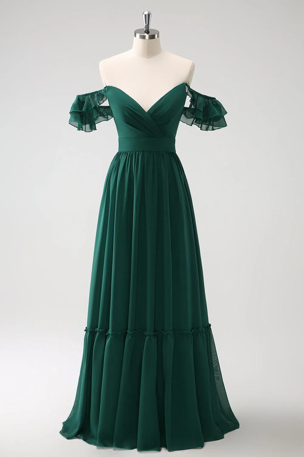 Dark Green A Line V Neck Chiffon Long Bridesmaid Dress