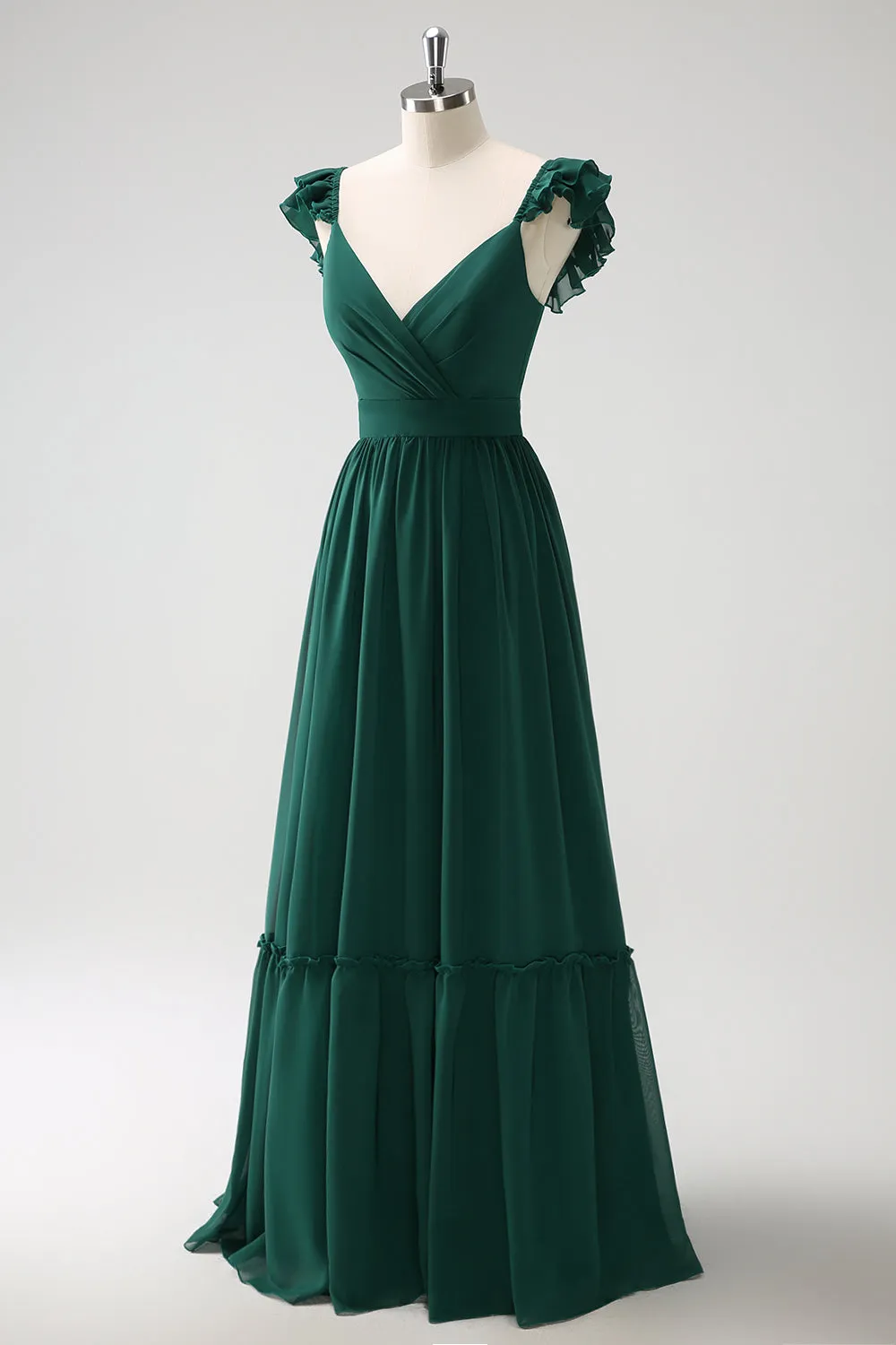 Dark Green A Line V Neck Chiffon Long Bridesmaid Dress