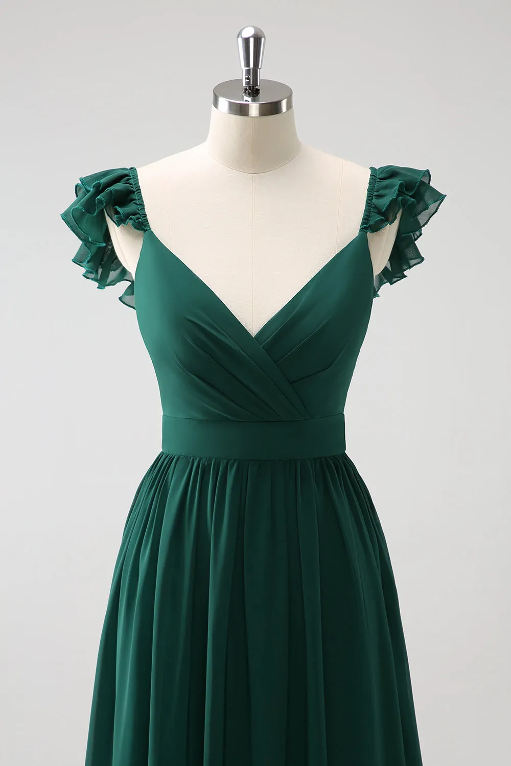 Dark Green A Line V Neck Chiffon Long Bridesmaid Dress