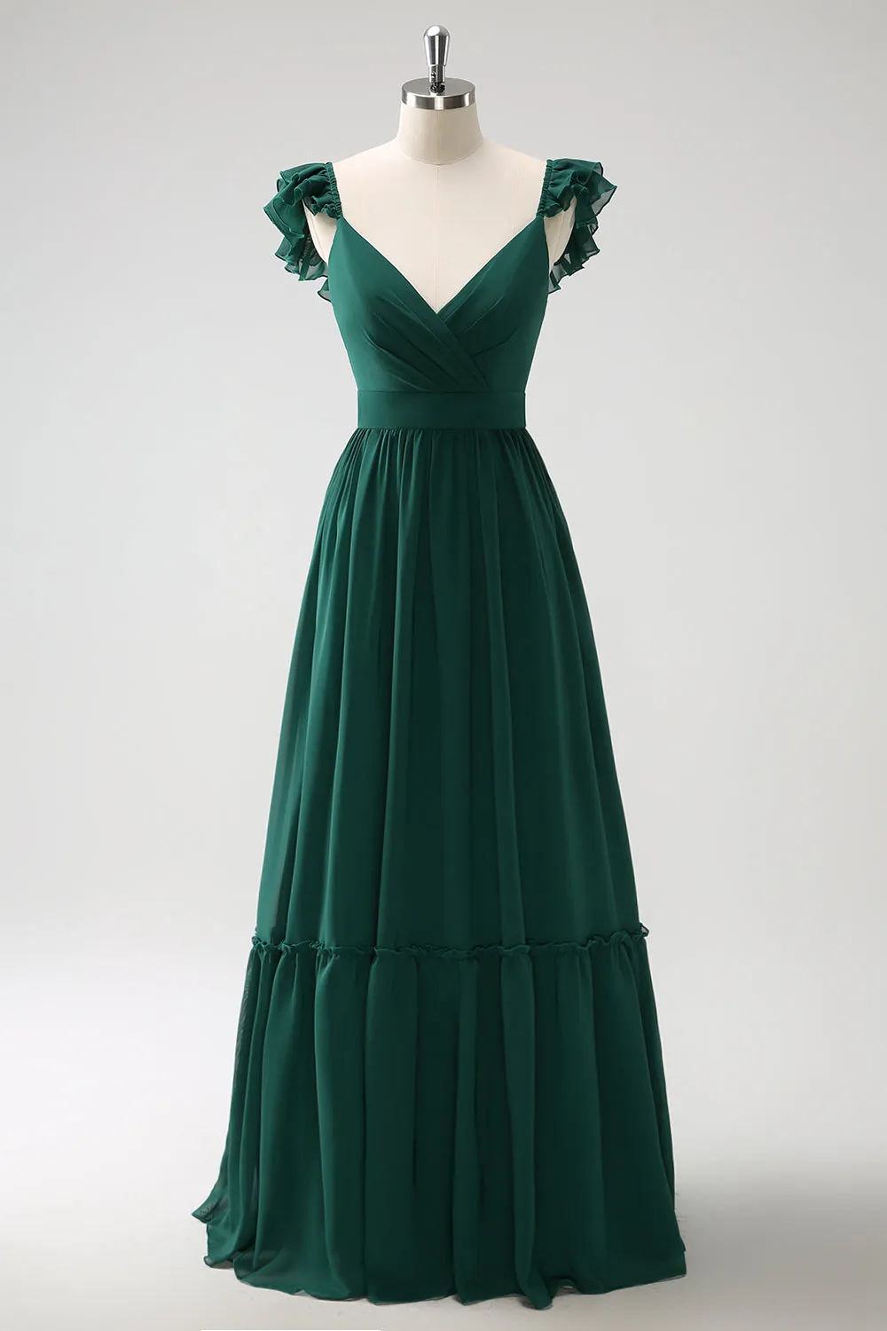 Dark Green A Line V Neck Chiffon Long Bridesmaid Dress