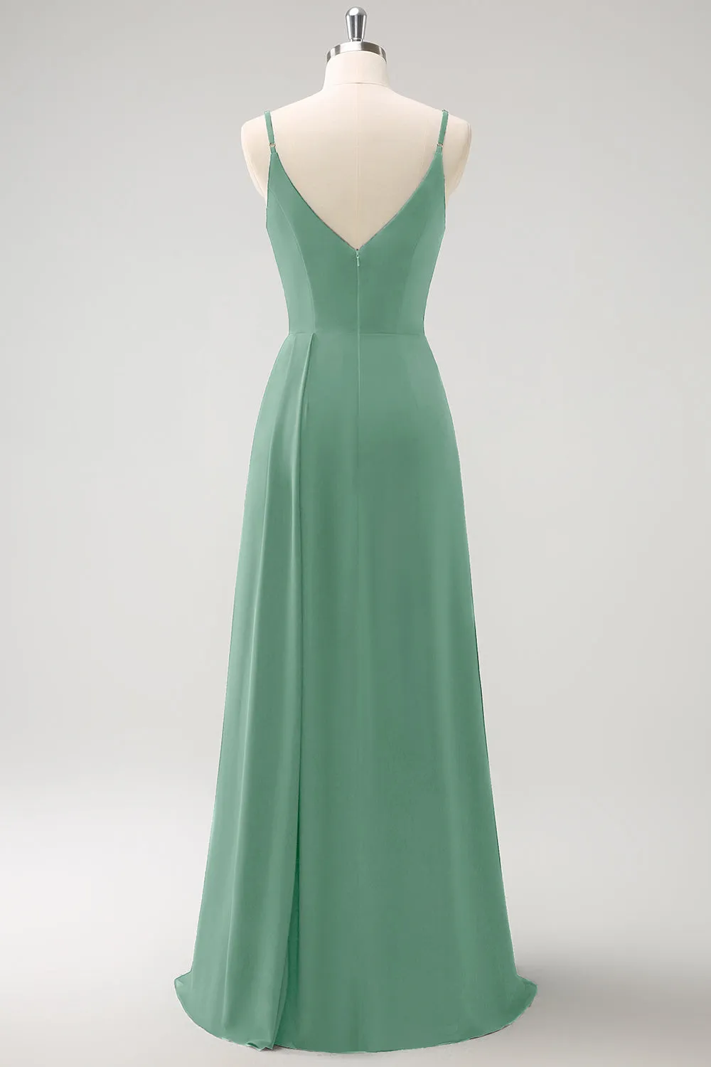 Dark Green Spaghetti Straps Ruche Long Bridesmaid Dress with Slit