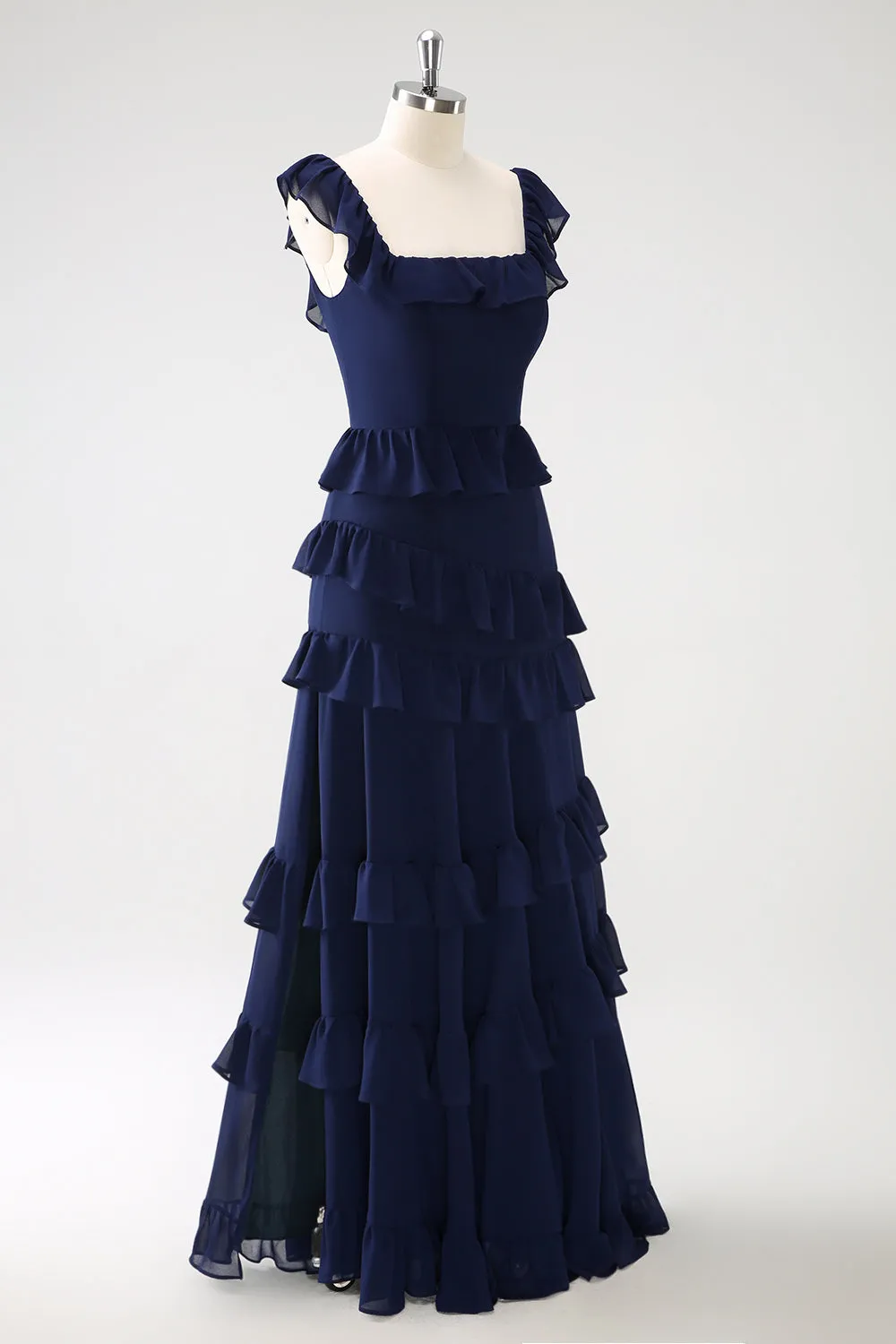 Dark Navy A Line Tiered Chiffon Maxi Bridesmaid Dress