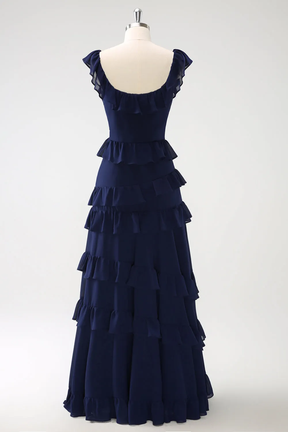 Dark Navy A Line Tiered Chiffon Maxi Bridesmaid Dress