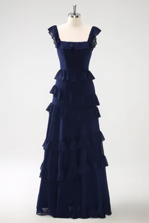 Dark Navy A Line Tiered Chiffon Maxi Bridesmaid Dress