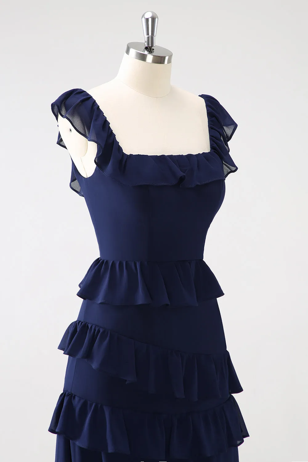 Dark Navy A Line Tiered Chiffon Maxi Bridesmaid Dress