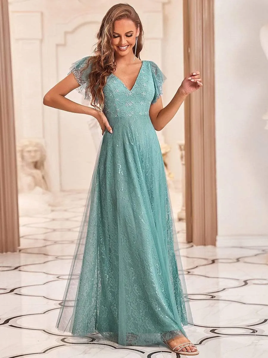 Double V Neck Long Lace Evening Dress with Ruffle Sleeves