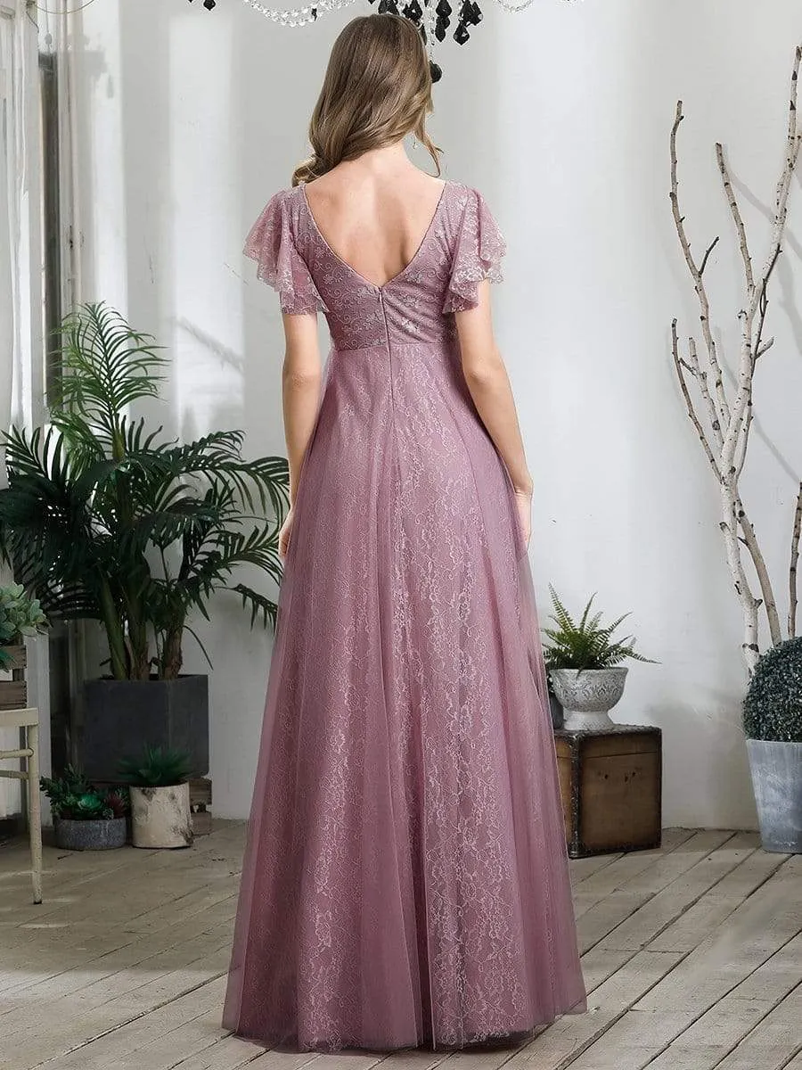 Double V Neck Long Lace Evening Dress with Ruffle Sleeves