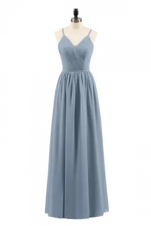 Dusty Blue Chiffon Cutout Back A-Line Long Bridesmaid Dress