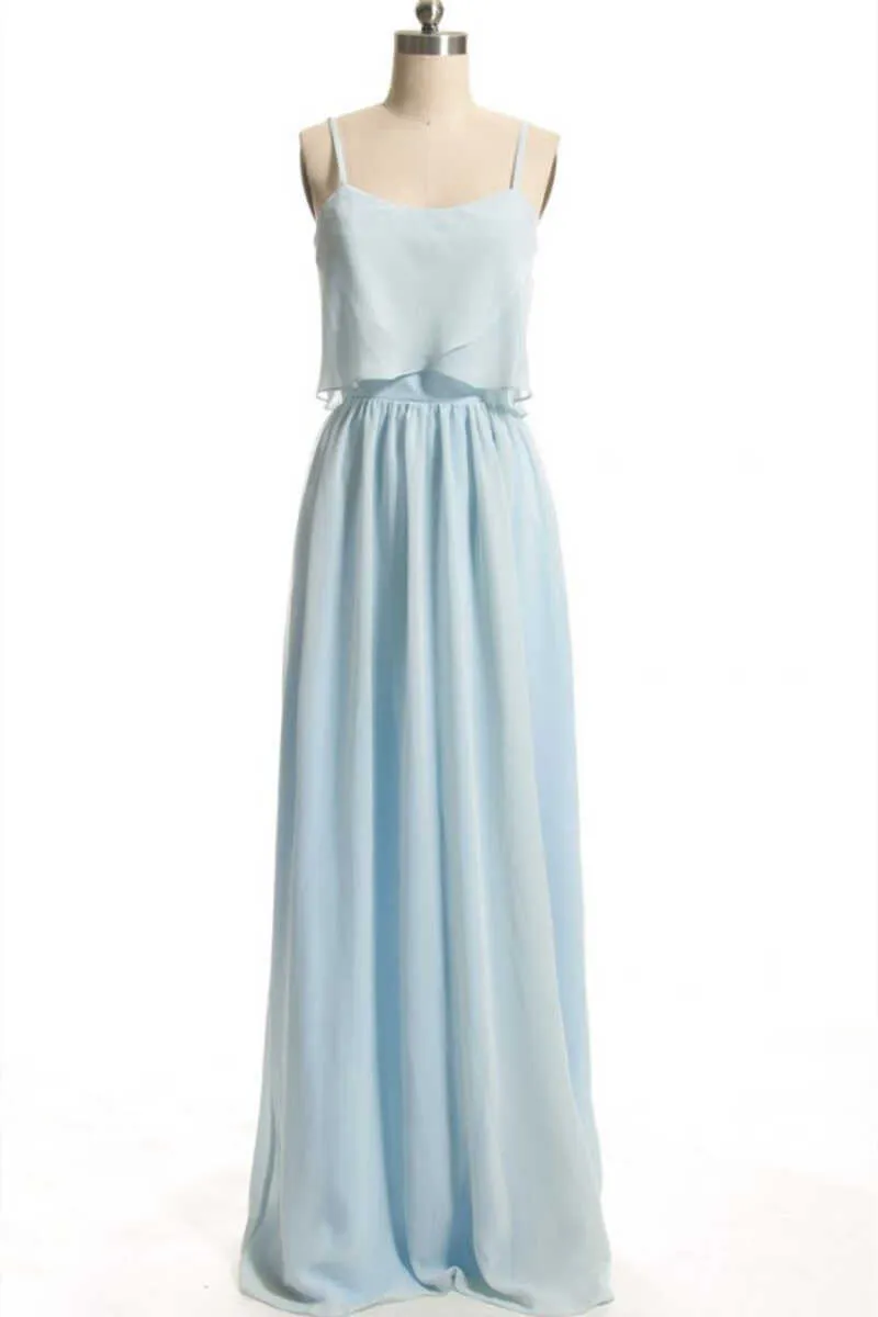 Dusty Blue Chiffon Spaghetti Straps Ruffled Long Bridesmaid Dress