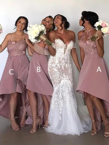 dusty pink bridesmaid dresses 2020 high low lace appliqué mismatched cheap wedding party dresses