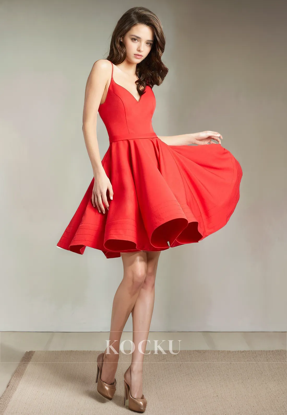 Elegant & Simple Spaghetti Straps V-Neck A-Line Satin Party Homecoming Dress