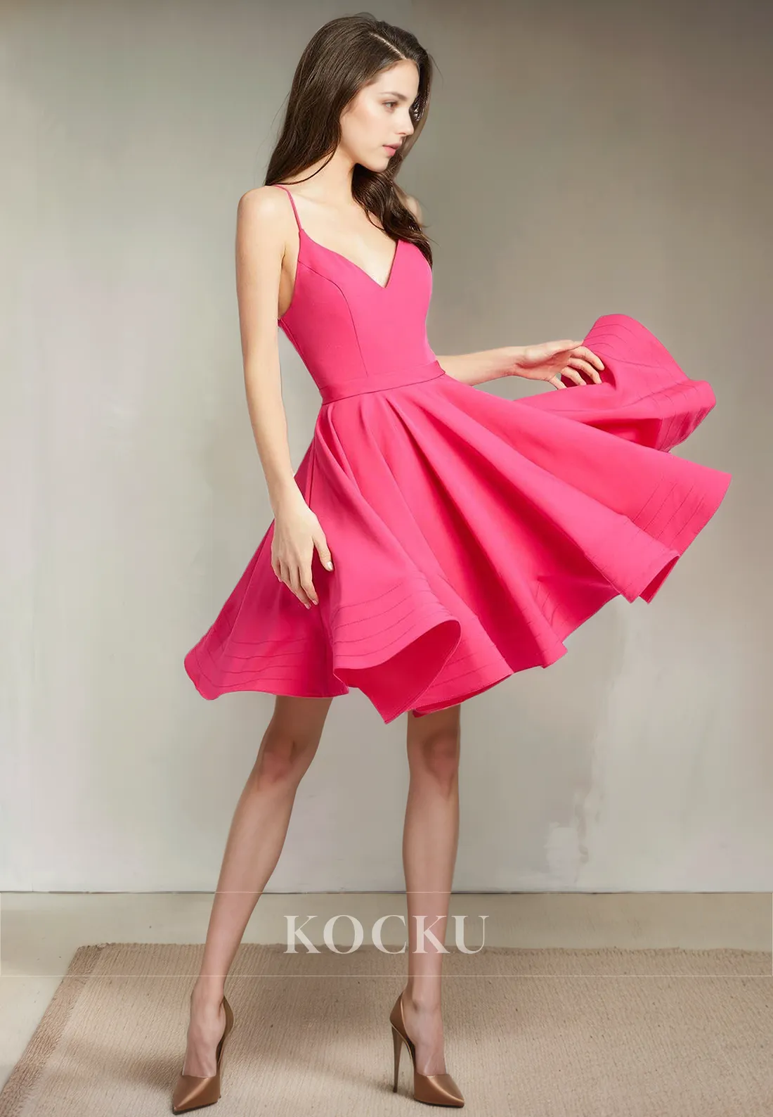 Elegant & Simple Spaghetti Straps V-Neck A-Line Satin Party Homecoming Dress