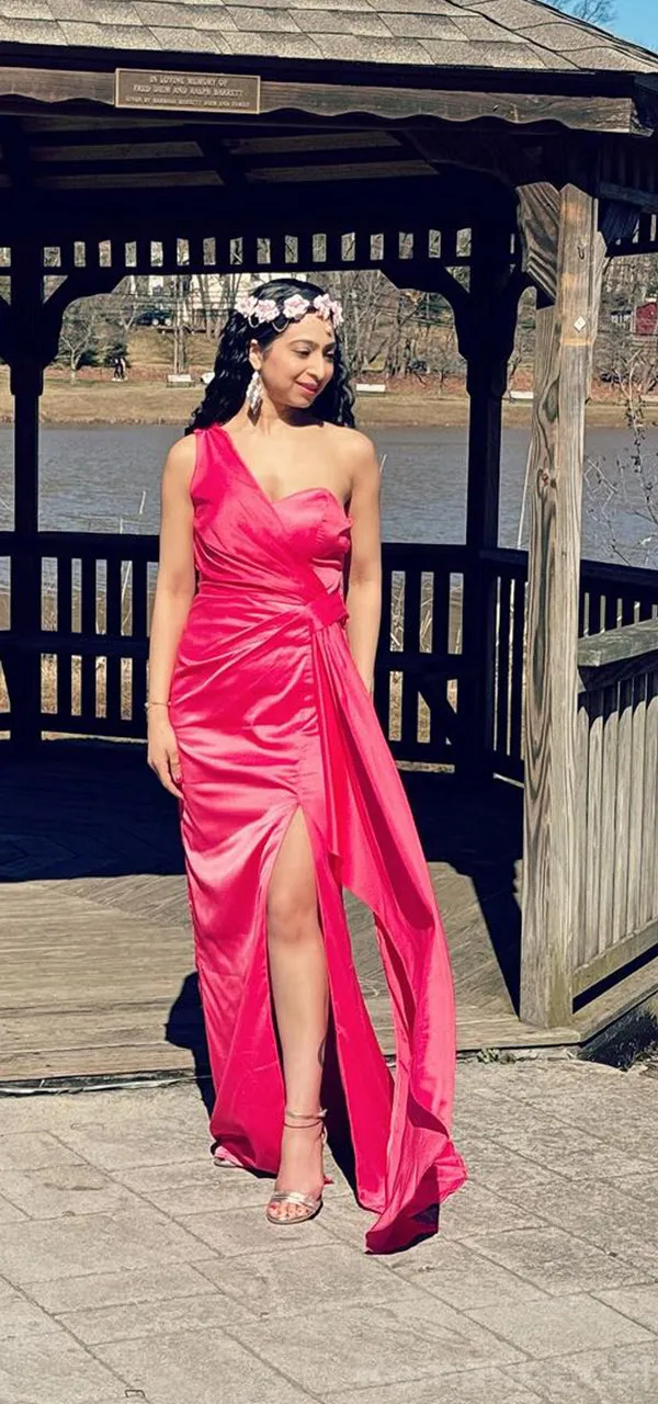 Elegant Azalea One Shoulder Side Slit Long Satin Bridesmaid Dresses Online, BG452