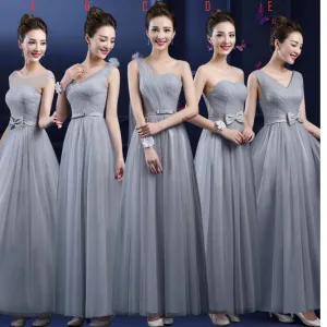 Elegant Grey Mismatched Simple Long A-line Bow Sash Pleats  Wedding Party Bridesmaid Dress. BD1021