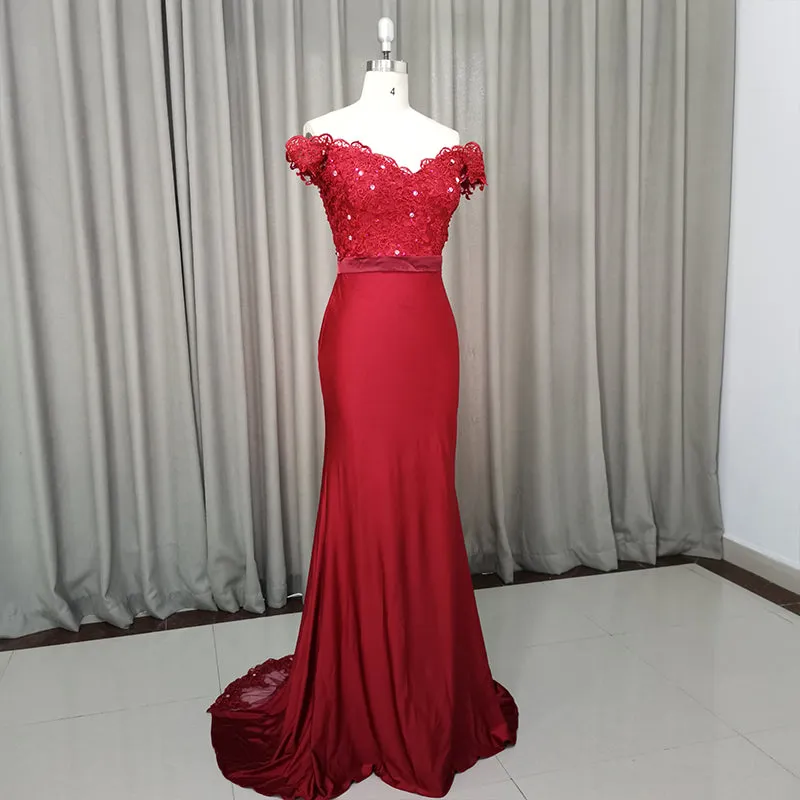 Elegant Long Mermaid Spandex Off Shoulder Party Dress, Wine Red Bridesmaid Dress